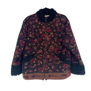 IVY Tapestry Full Zip Jacket Black Red Paisley Pockets Mock Neck Size Medium